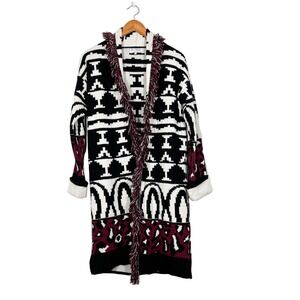 San Lorenzo Italy Wool Alpaca Long Cardigan Sweater Black White Geometric Sz S